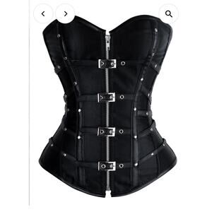 Charmian Gothic Punk Satin Boned Zipper Overbust Corset Top with Buckles Size XL